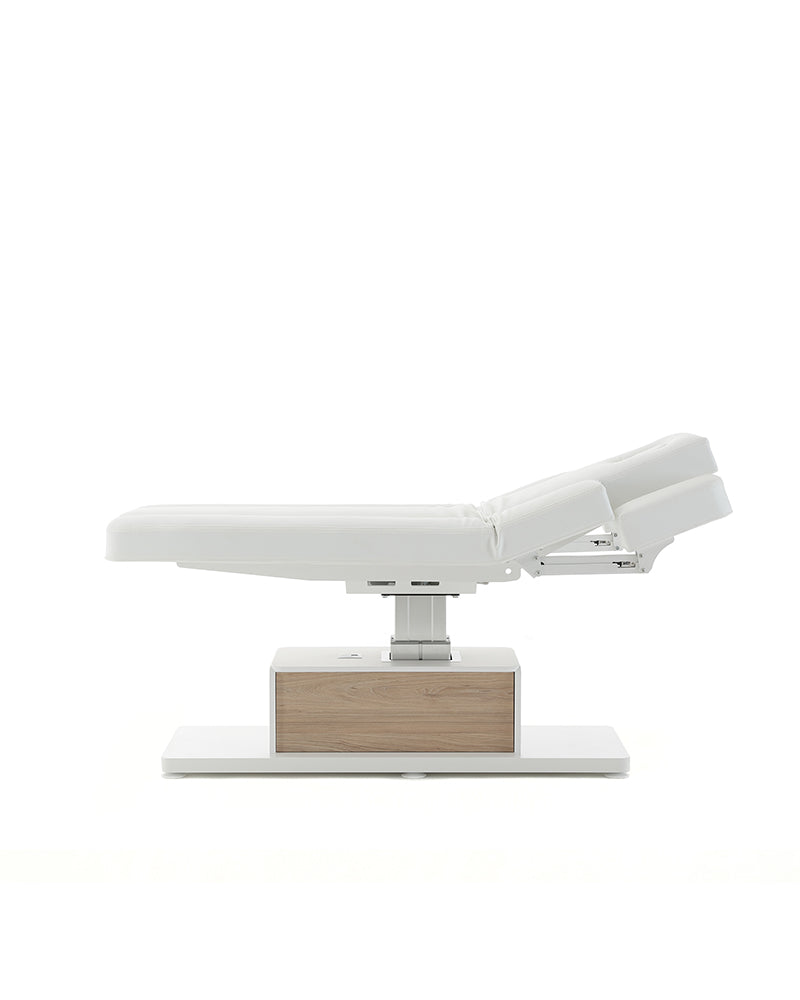 The Ben - Table de massage blanche avec détails motif chêne - avec moteur - avec accoudoirs réglables